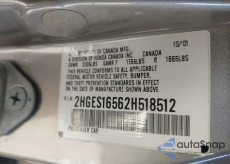 2002 Honda Civic Lx z USA, uszkodzony, nr VIN 2HGES16562H518512